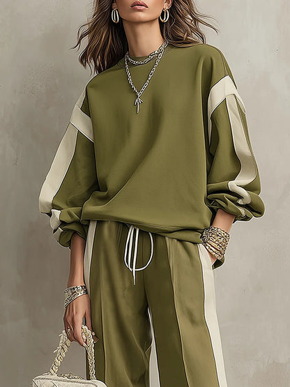 Romina | Conjunto Sweatshirt e Calças com Banda Lateral, Verde-azeitona