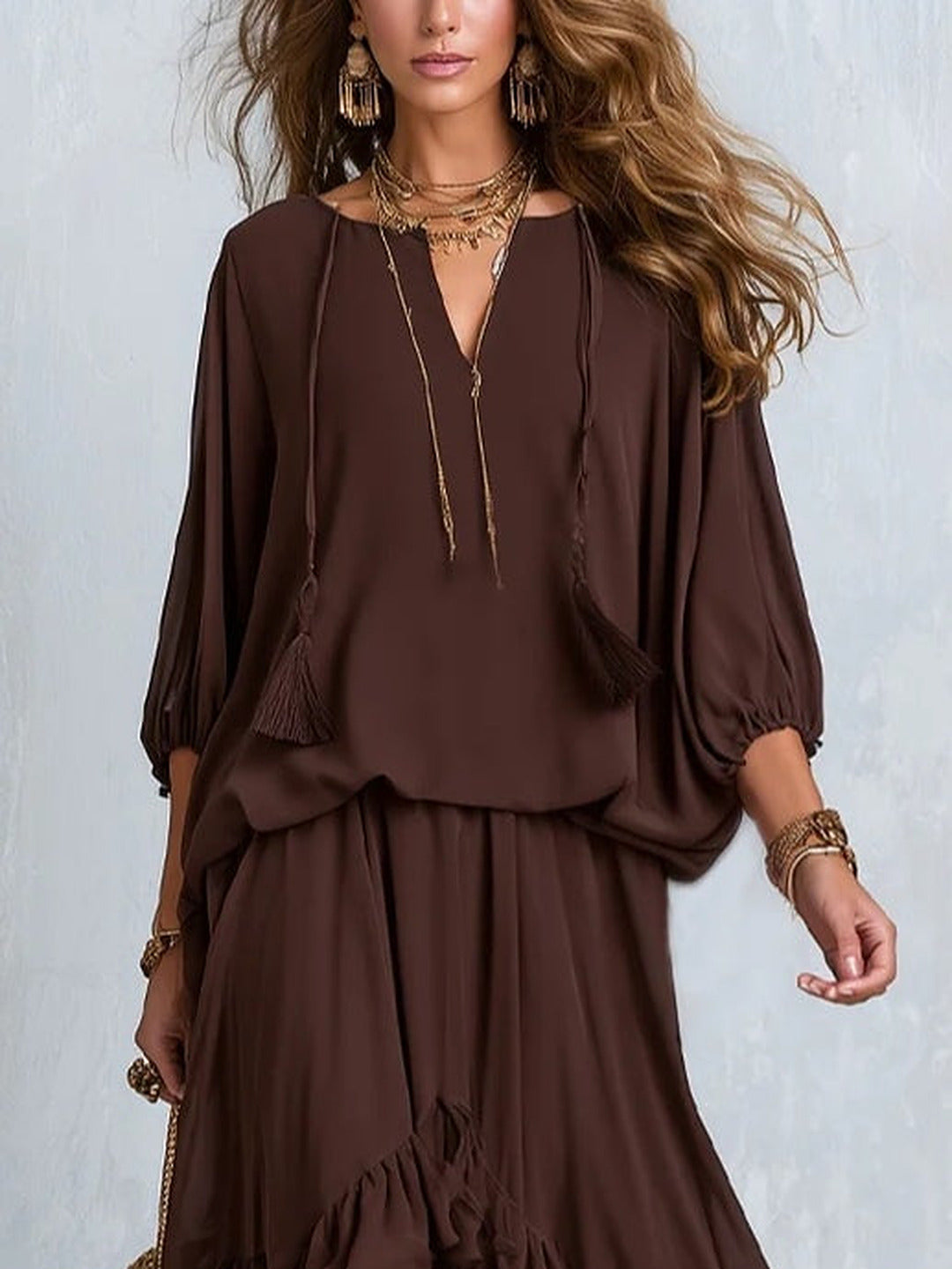 Dalila | Conjunto Top em Chiffon e Saia de Folhos, Chocolate