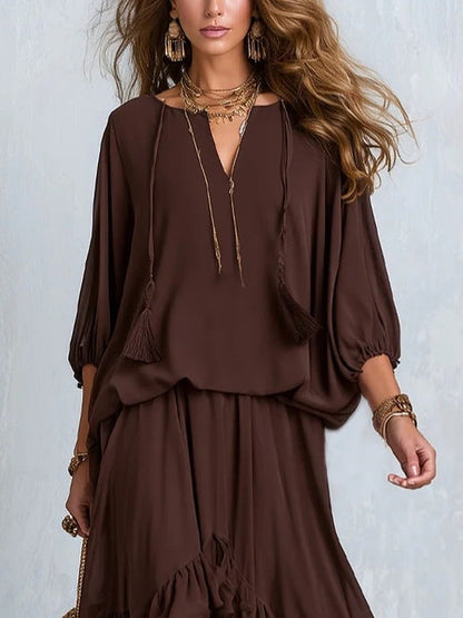 Dalila | Conjunto Top em Chiffon e Saia de Folhos, Chocolate