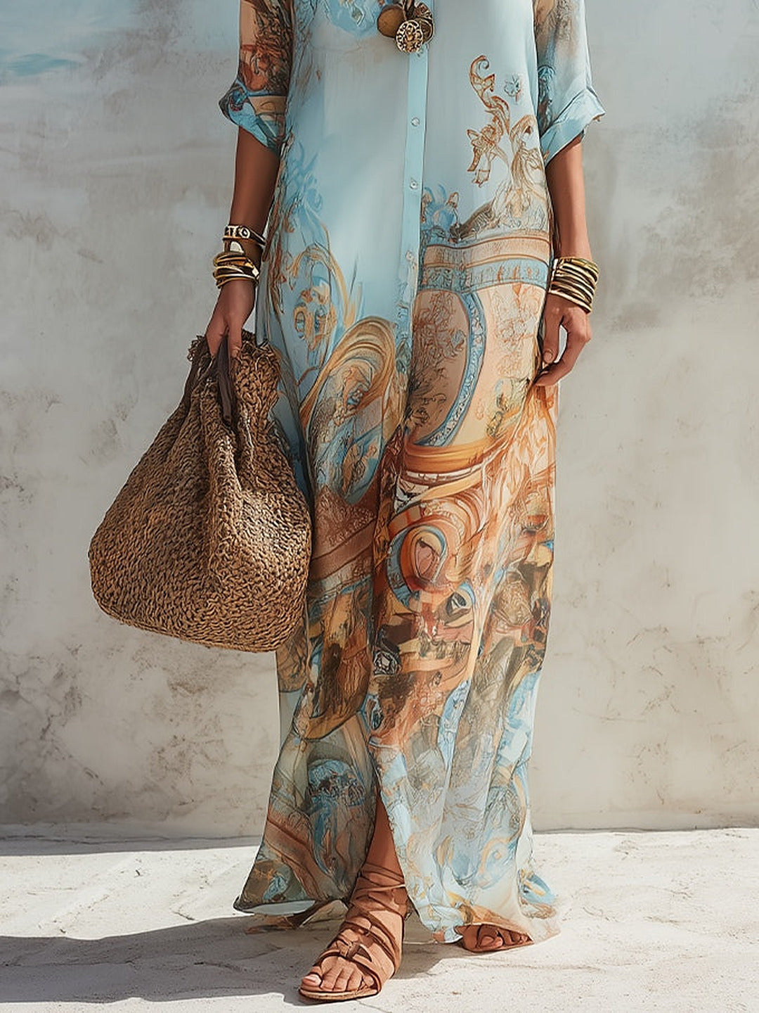 Velia | Vestido Chemisier Maxi em Chiffon com Padrão Paisley, Azul-celeste