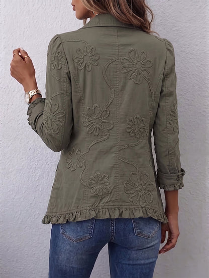 Faustina | Casaco Utilitário com Bordado Floral e Folhos, Verde-azeitona