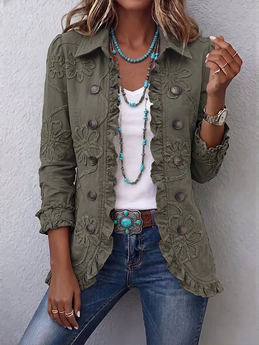 Faustina | Casaco Utilitário com Bordado Floral e Folhos, Verde-azeitona