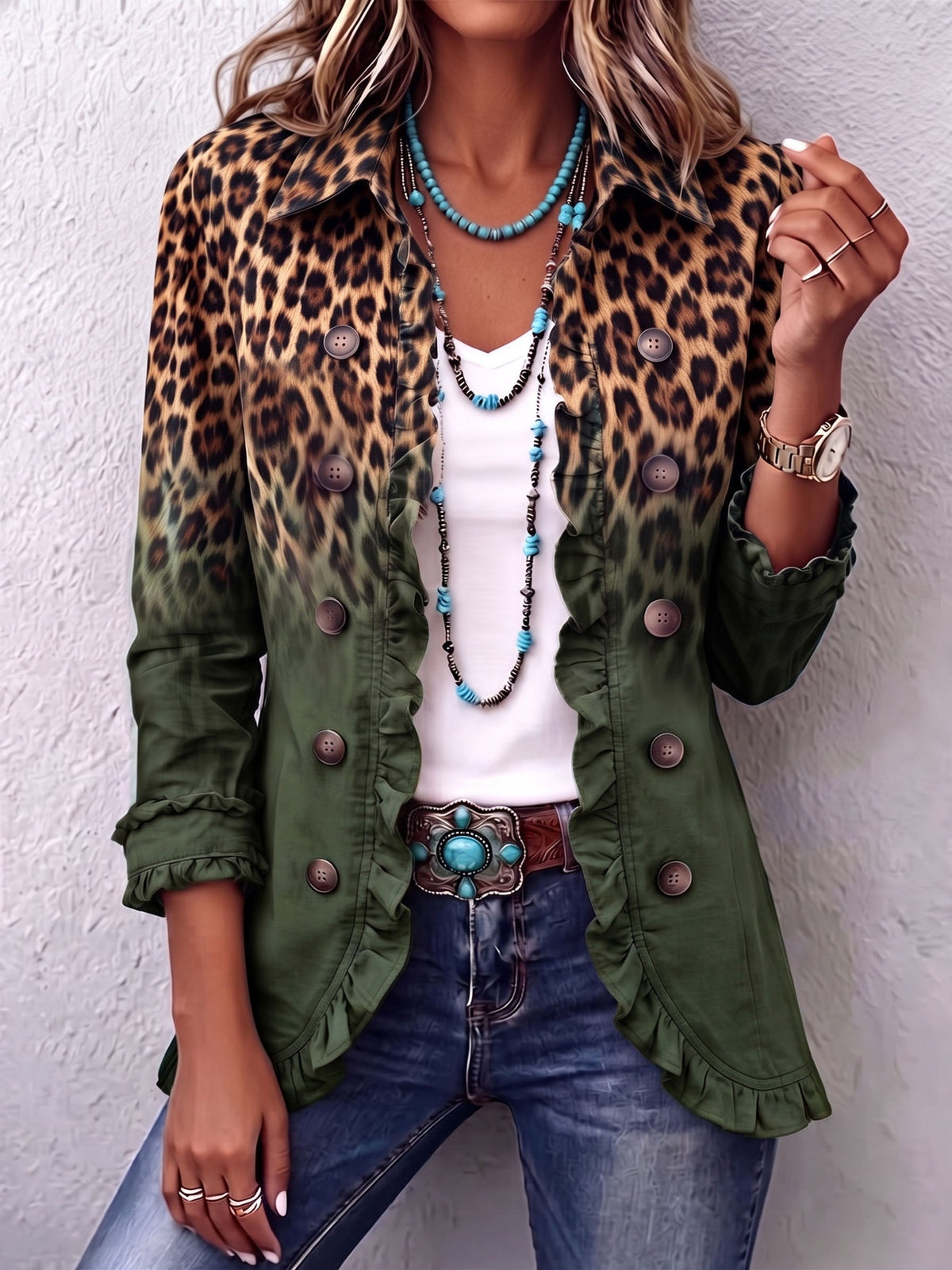 Cassandra | Blazer com Folhos e Padrão Leopardo Esbatido