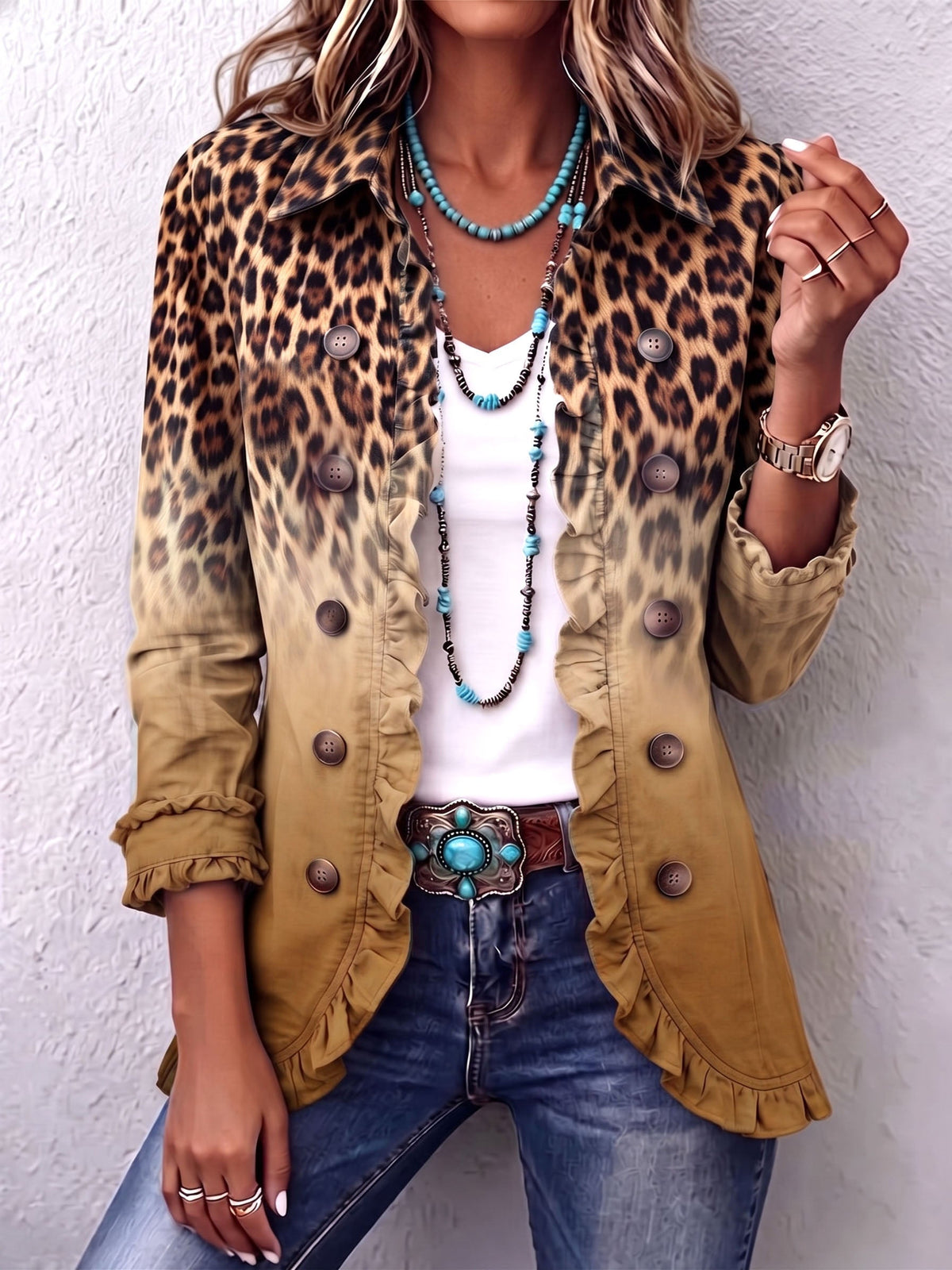 Cassandra | Blazer com Folhos e Padrão Leopardo Esbatido