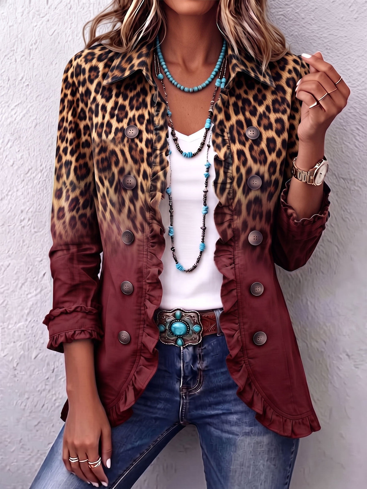 Cassandra | Blazer com Folhos e Padrão Leopardo Esbatido