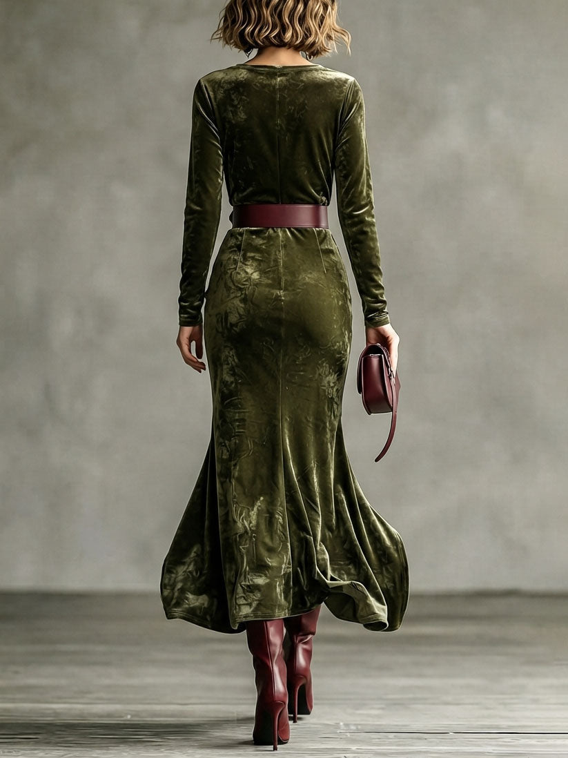 Morgana | Vestido Maxi Sereia em Veludo, Verde-escuro