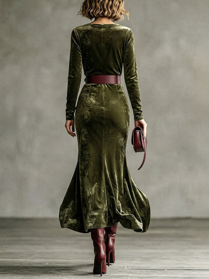 Morgana | Vestido Maxi Sereia em Veludo, Verde-escuro