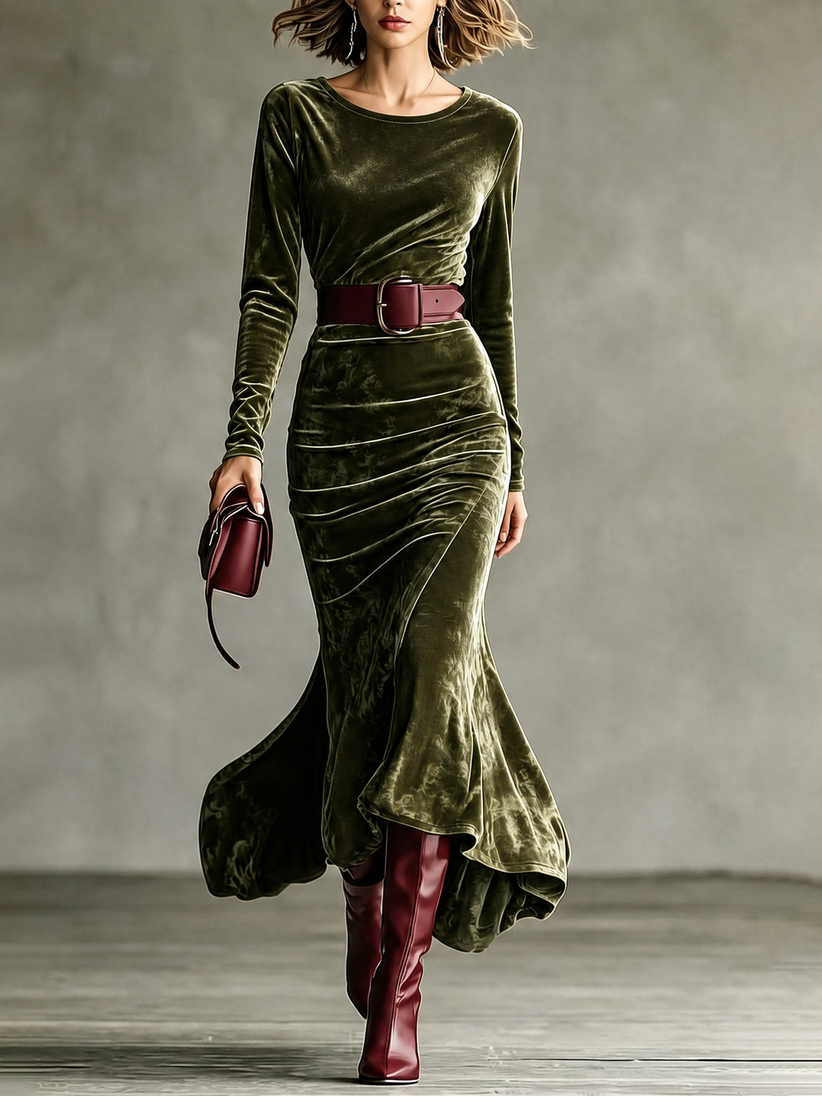 Morgana | Vestido Maxi Sereia em Veludo, Verde-escuro