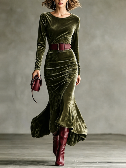 Morgana | Vestido Maxi Sereia em Veludo, Verde-escuro