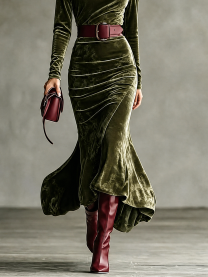 Morgana | Vestido Maxi Sereia em Veludo, Verde-escuro